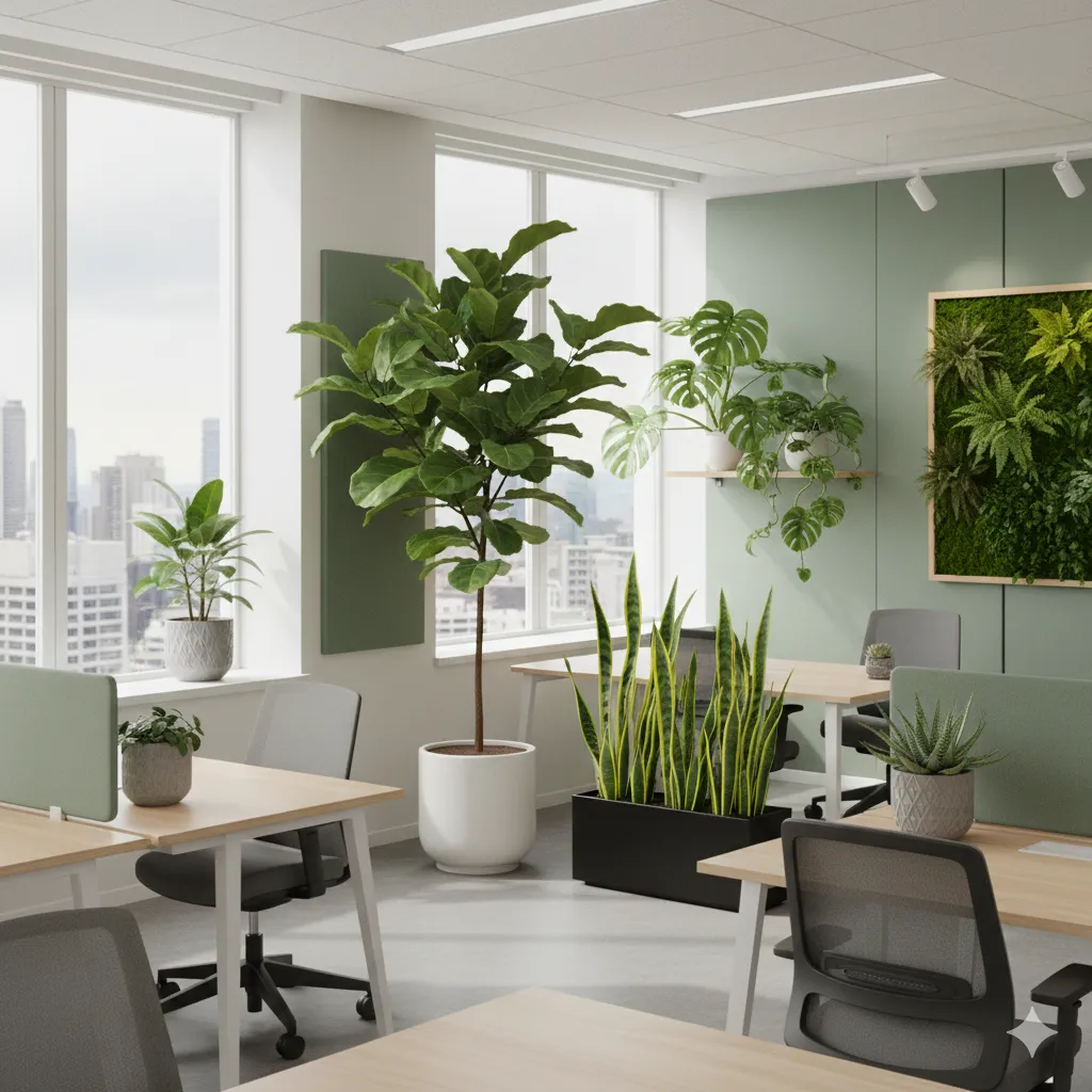 Modern office interior decorated with various houseplants
