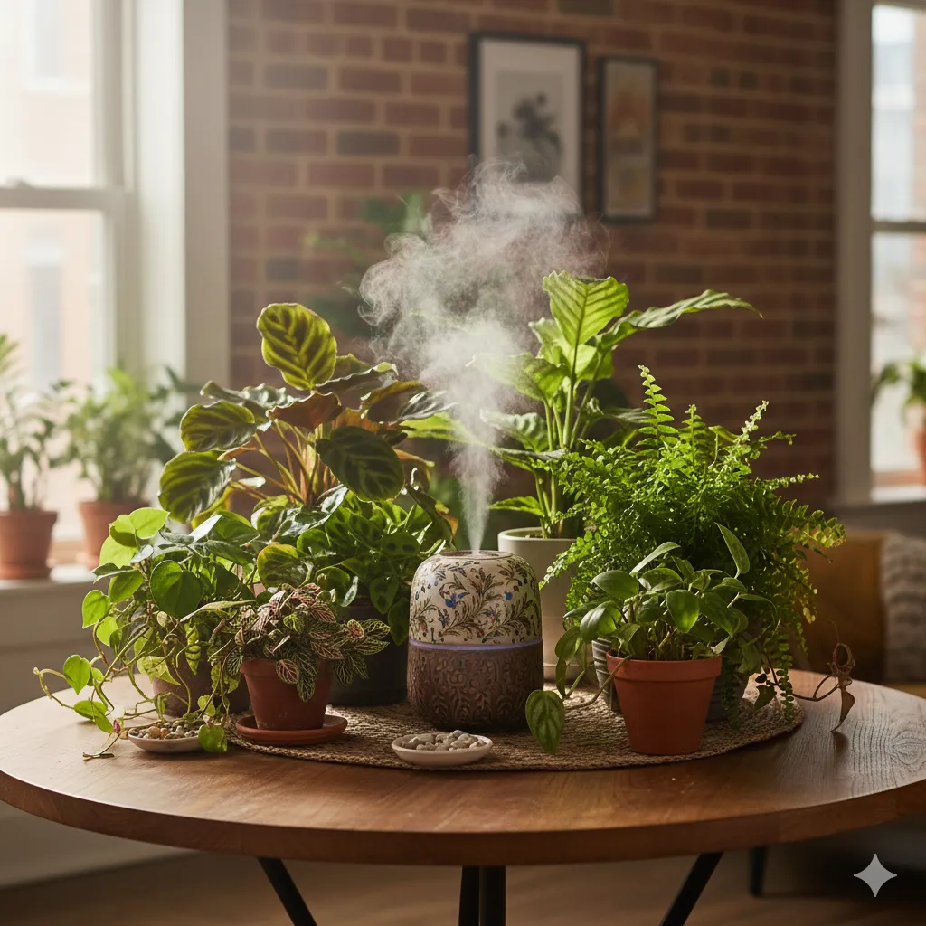 Houseplants grouped together for optimal humidity