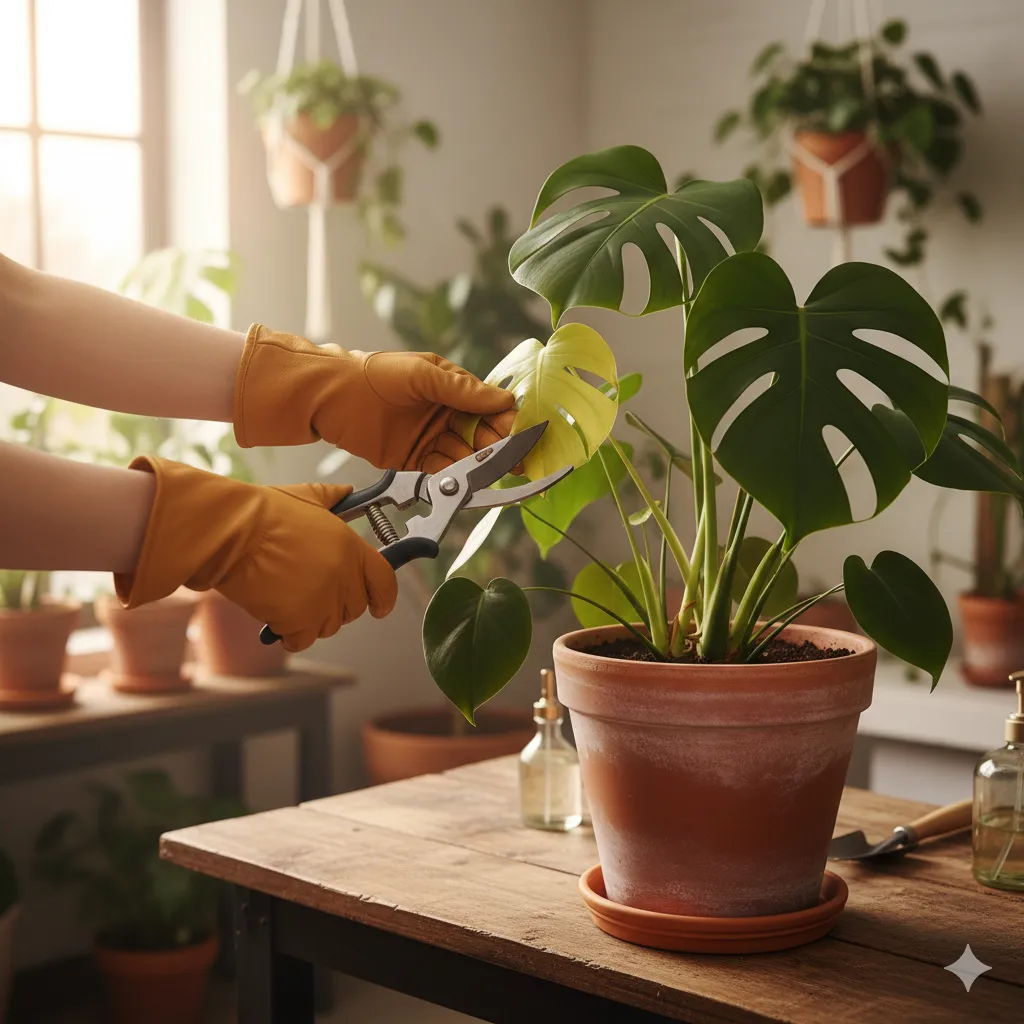 Person pruning houseplant with garden shears
